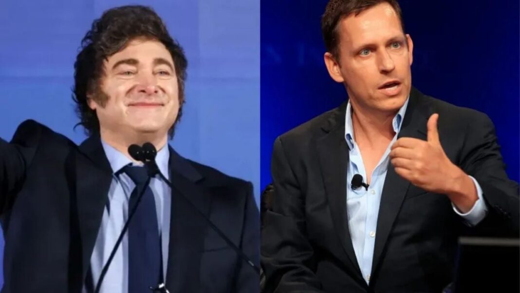 El presidente Javier Milei recibe al empresario Peter Thiel en el Salón de la Casa Rosada.