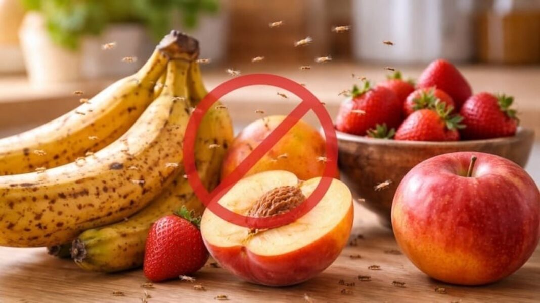 Mosquitas sobre frutas maduras en una cocina