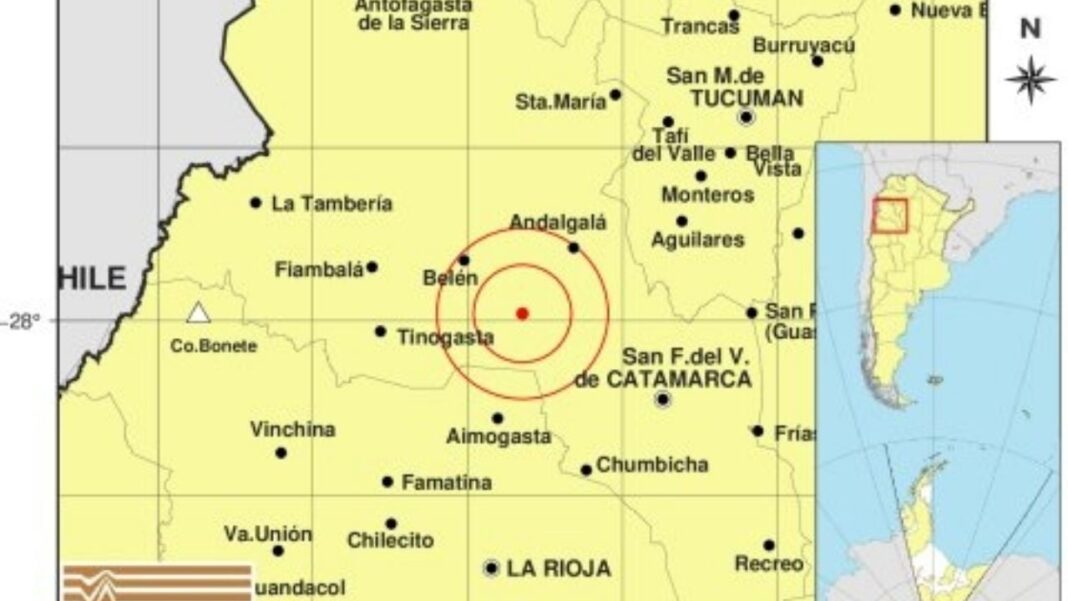 Mapa de la zona sísmica en Catamarca con epicentro del temblor