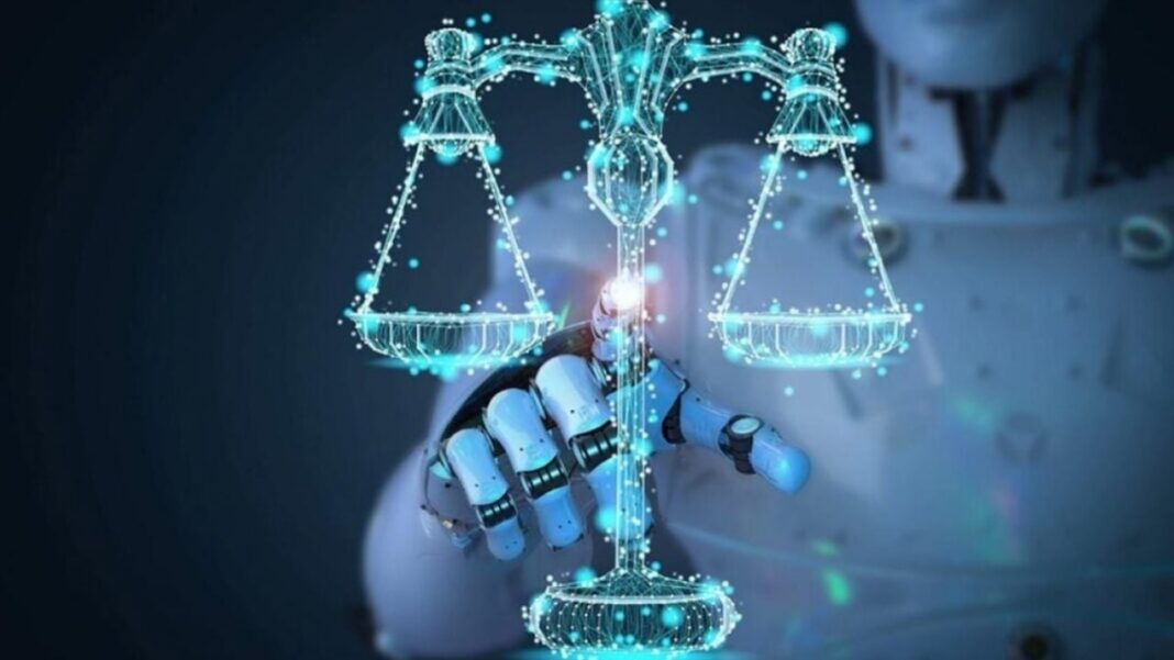 Imagen de la Corte de Justicia con símbolos de inteligencia artificial