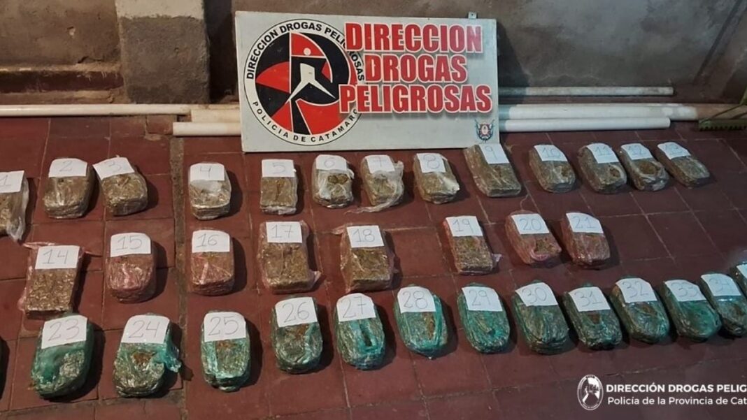 Efectivos policiales durante allanamiento con panes de marihuana secuestrados en Catamarca