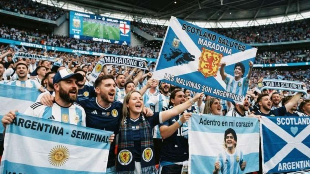 Hinchas escoceses con kilt y gaita durante el Mundial de Fútbol
