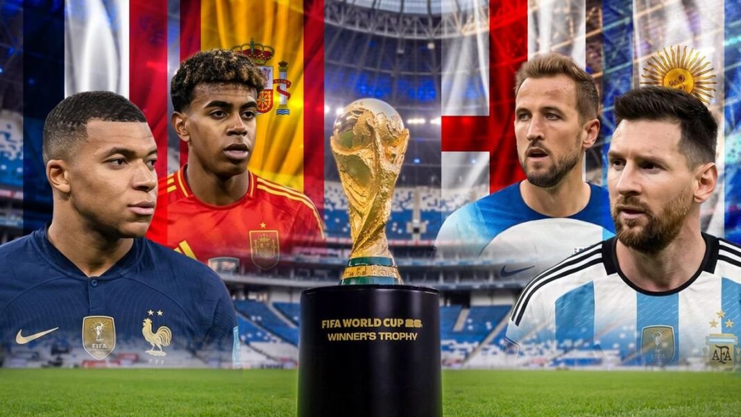 Cuatro banderas de selecciones de fútbol: Argentina, Francia, España e Inglaterra