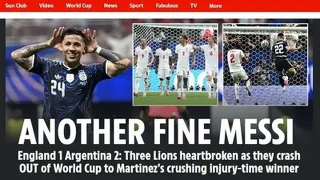 Portada de diario inglés The Sun con titular sobre victoria de Argentina ante Inglaterra en semifinales del Mundial 2026