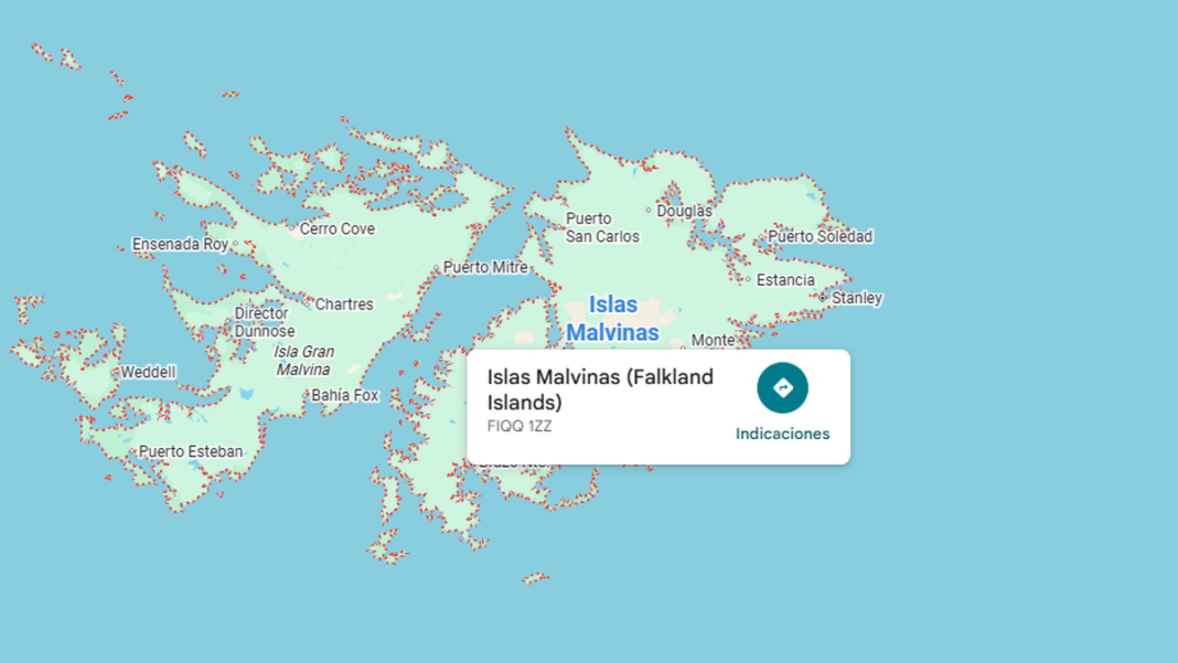Captura de pantalla de Google Maps mostrando la denominación Islas Malvinas