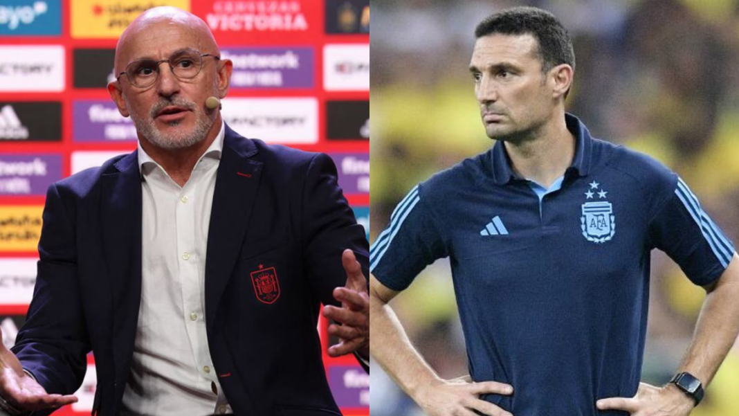 Lionel Scaloni y Luis De la Fuente durante un partido de fútbol