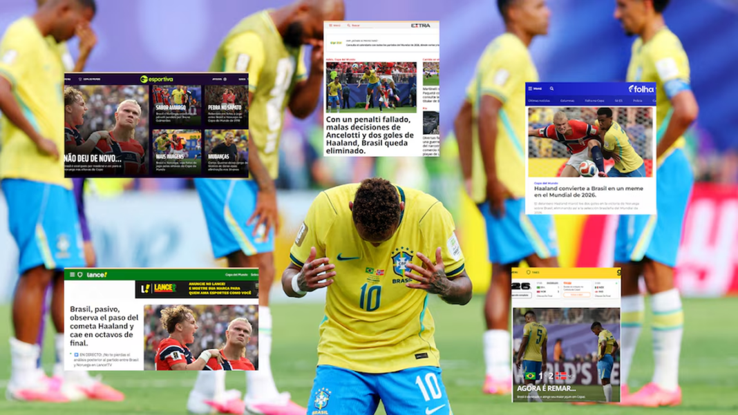 Portada de periódico brasileño con titular sobre eliminación de Brasil ante Noruega en el Mundial 2026