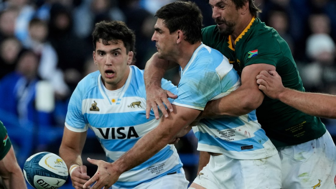 Jugadores de Los Pumas durante el partido ante Sudáfrica en Vélez