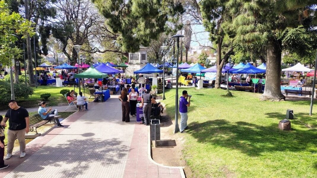 Puestos de la feria en la Plaza 25 de Mayo