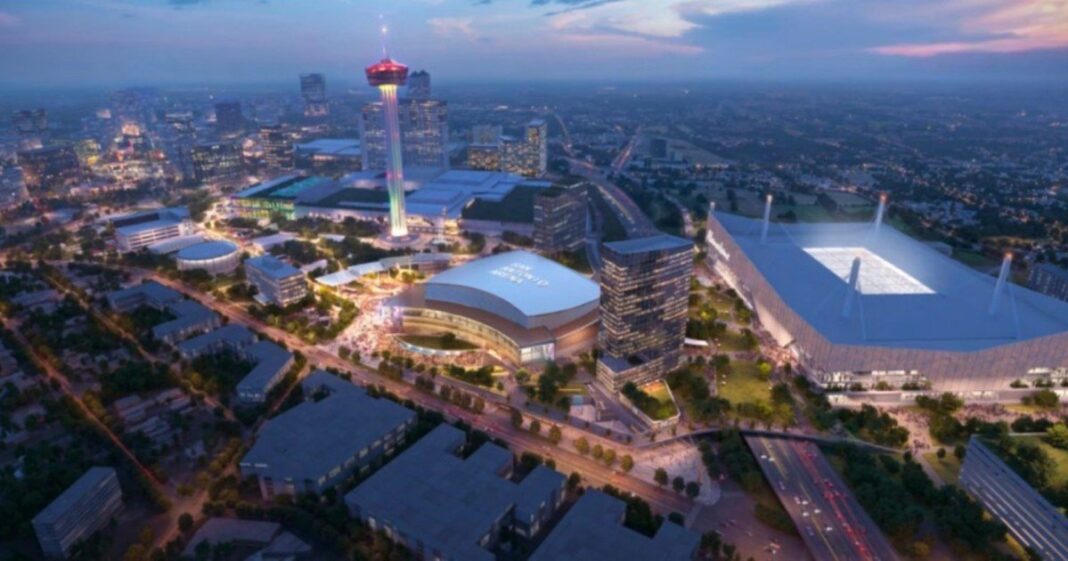 Vista aérea del centro de San Antonio, Texas, con el río San Antonio y el Alamodome en el fondo