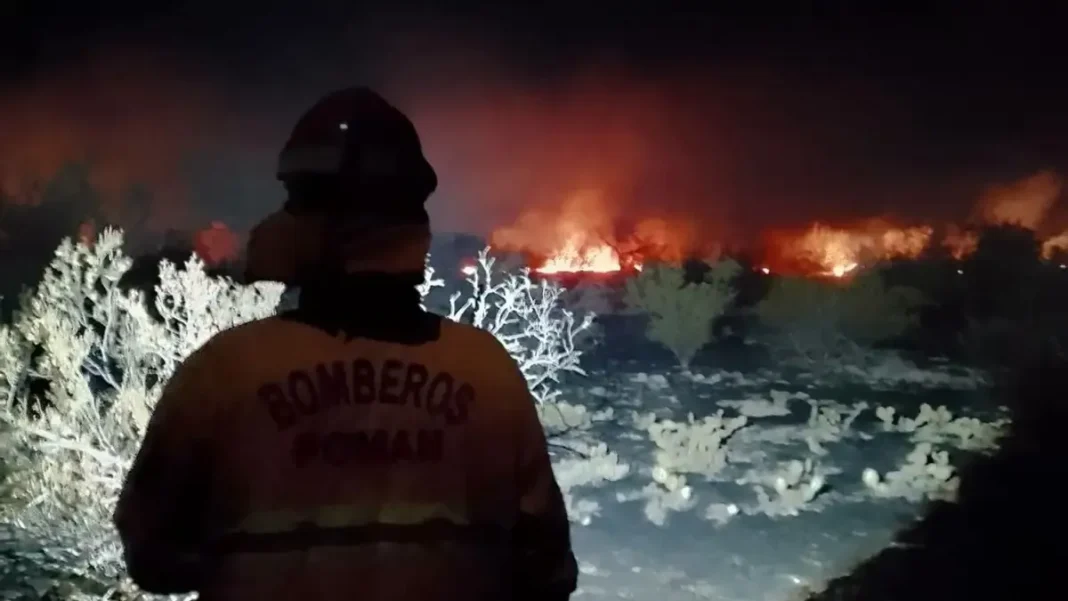 Bomberos Voluntarios de Pomán trabajando durante la noche en la sofocación de un incendio de pastizales en la Ruta Provincial 46