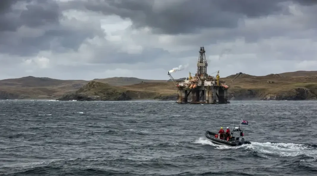 Vista de las Islas Malvinas con plataforma petrolera en el Atlántico Sur